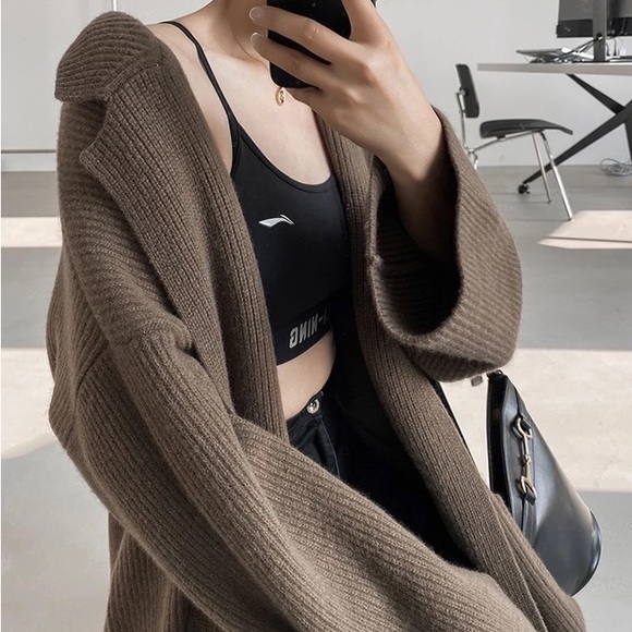 Chunky Below Knee Rib Belt Pocket Brown Cardigan Coat Maxi duster long sweater - Picture 2 of 10